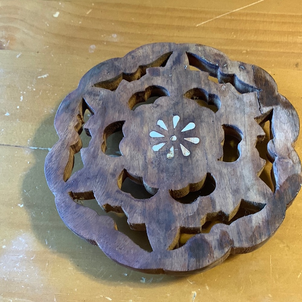 Vintage Hand Carved Wood Trivet Plant Stand Decor